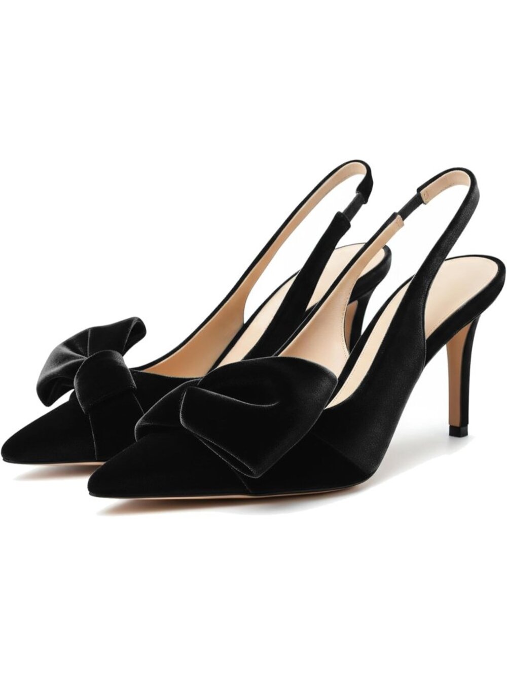 Women's Velvet Black Slingback Heels with Bow Pointed Toe Pumps Dress Shoes